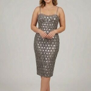 Mandalay Small Sequin Dress Silver Grey Leaf Y2K Cocktail Formal Corset VTG